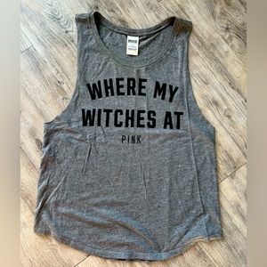 PINK Graphic Muscle Tank WHERE MY WITCHES AT